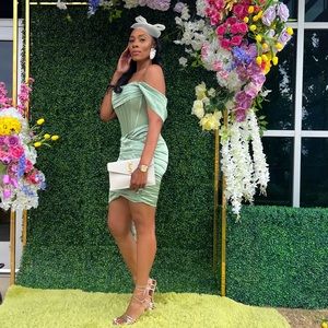 Kendal Basil Satin Draping Off Shoulder Corset Dress